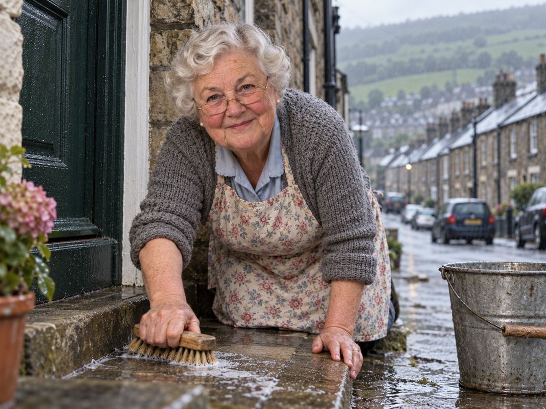 Gwen scrubbing her front doorstep in Treorchy