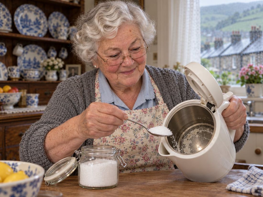 Gwen descaling a kettle at her kitchen counter
