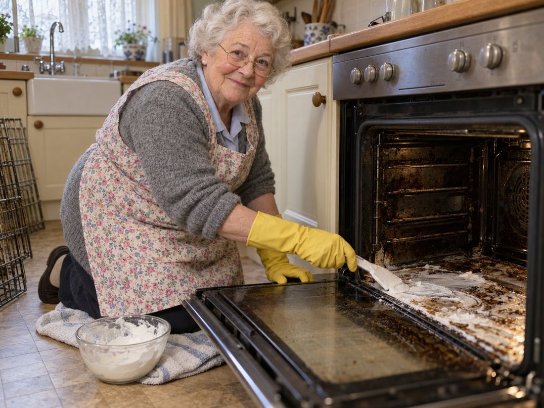 Gwen spreading bicarb paste inside an oven