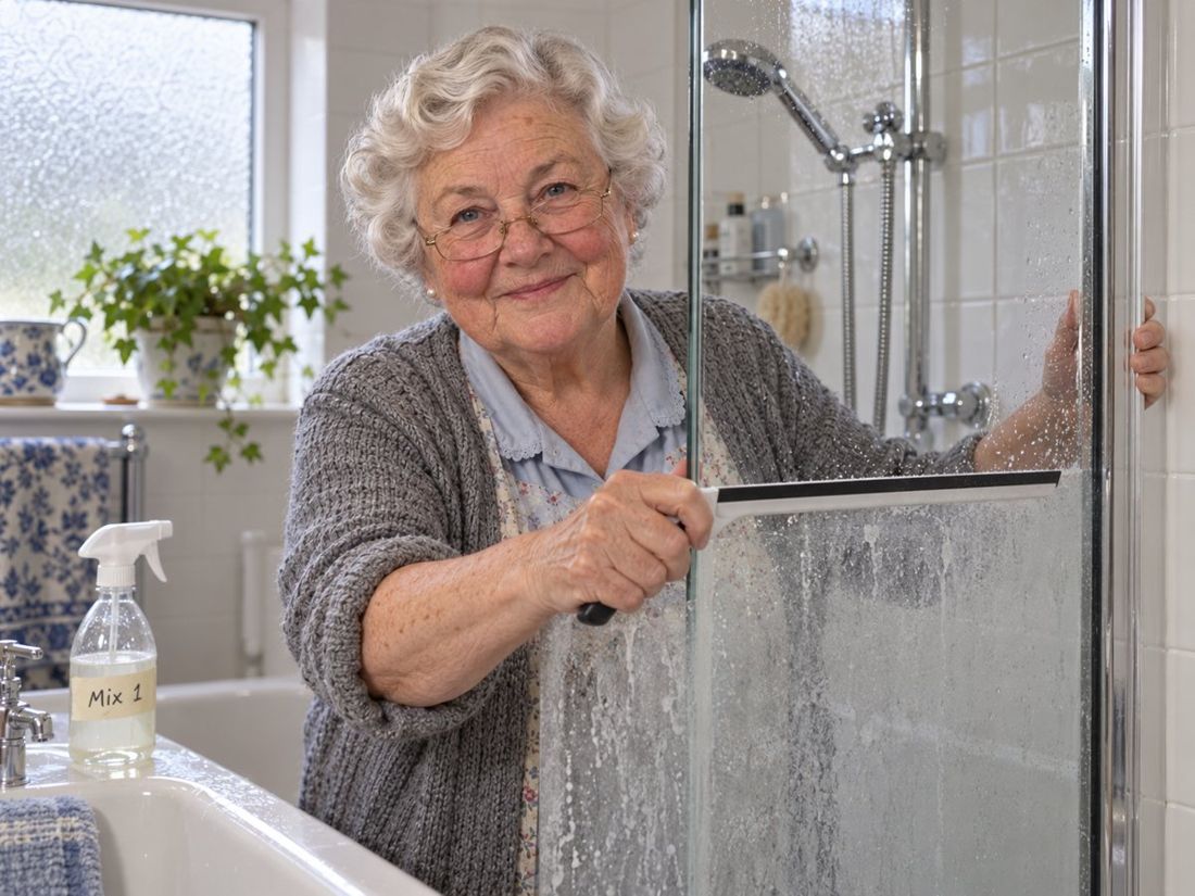 Gwen squeegeeing a shower screen