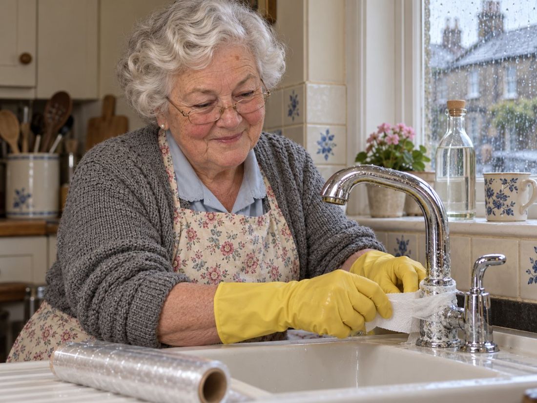 Gwen wrapping a vinegar cloth round a crusted tap